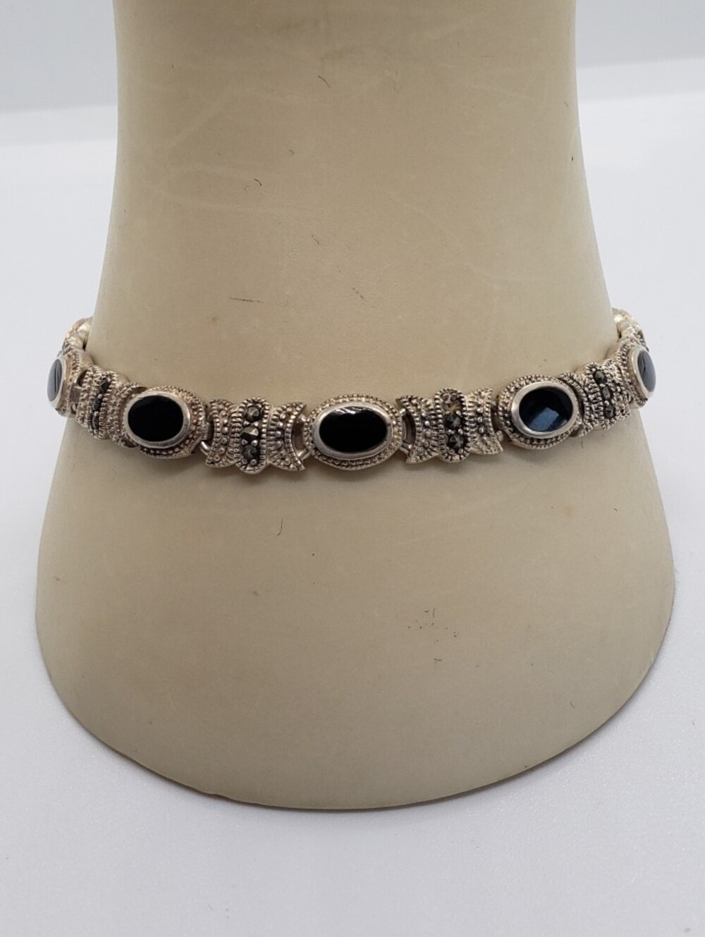 Vintage Black Onyx & Marcasite Bracelet Set In Sterling Silver